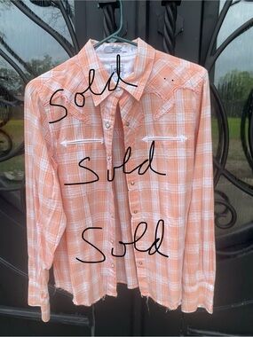 Cruel Girl Orange w silver thread Plaid Western Snap Shirt. Sz L.